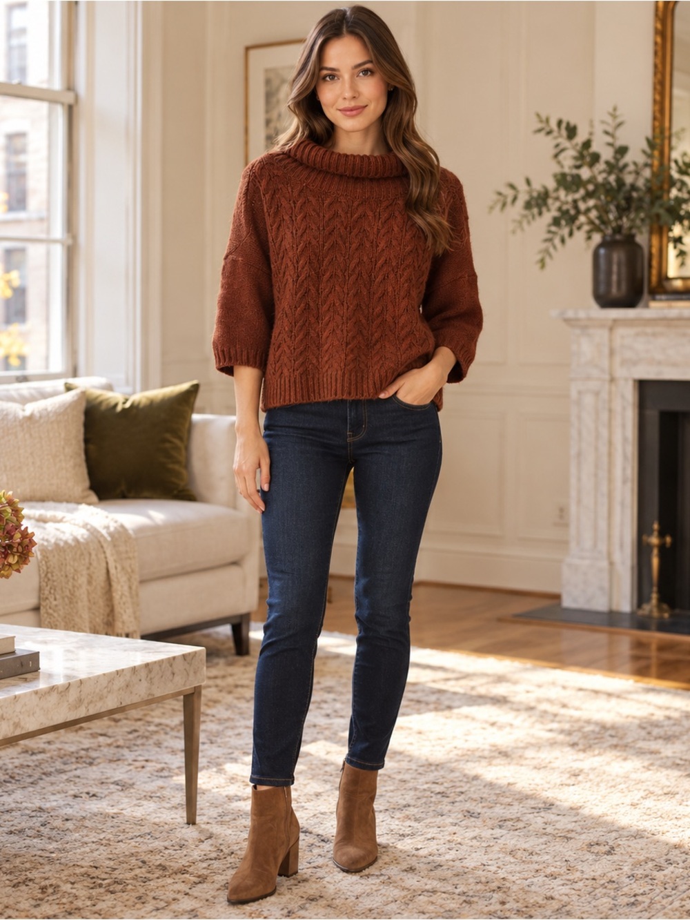 Johanna Paris Rust Cable Knit Alpaca Wool Cowl Neck Sweater M
